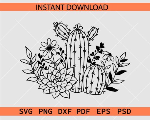 Floral cactus Drawing Vector SVG, Cactus Flowers Stencil SVG