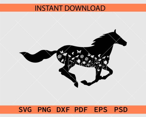 Floral running Horse Silhouette SVG, Floral Racing Horse Vector SVG