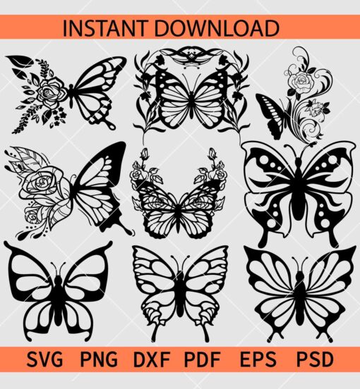 Flowers Butterfly Bundle SVG, Butterfly Floral Bundle SVG