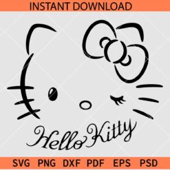 Hello Kitty With Bow Winking SVG, Kawaii Hello Kitty Sketch SVG