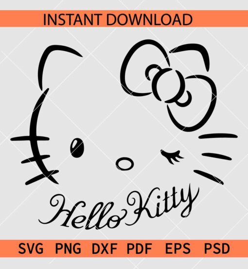 Hello Kitty With Bow Winking SVG, Kawaii Hello Kitty Sketch SVG
