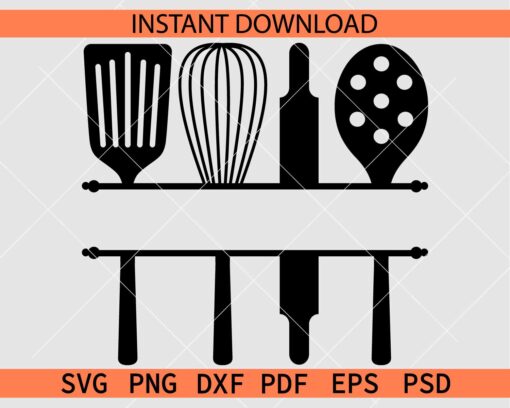 Kitchen utensils Split Monogram SVG, Kitchen utensils name frame vector SVG