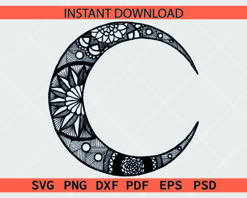 Mandala Crescent Moon SVG, Zentangle Crescent Moon Décor SVG