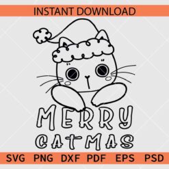 Merry Catmas Sketch SVG, Christmas Cat Face Outline SVG