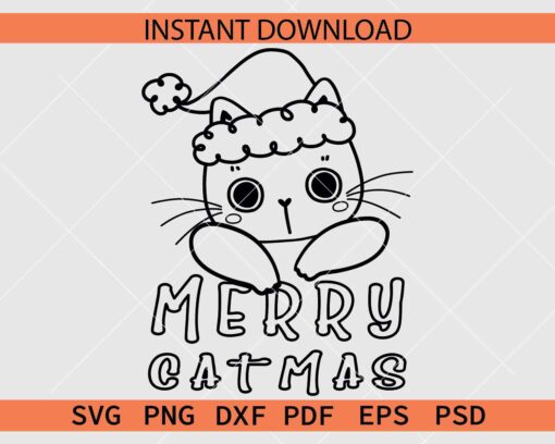 Merry Catmas Sketch SVG, Christmas Cat Face Outline SVG