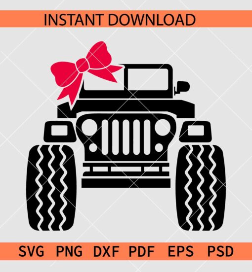 Monster Jeep Front  with Maroon bow SVG, Jeep Face Icon Bow SVG