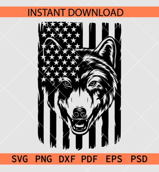 Patriotic Wolf Head SVG, Wolf With American Flag Svg, Wolf Head Inside Distressed Flag SVG