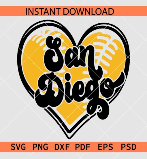 San Diego Baseball Heart SVG, San Diego Baseball inside Heart Symbol SVG