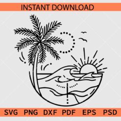 Summer Scene Sketch SVG, Ocean Waves Sunset Line Art Décor SVG