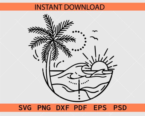 Summer Scene Sketch SVG, Ocean Waves Sunset Line Art Décor SVG