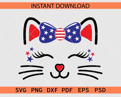 4th of July Cat Face SVG, July Fourth Bow Cat Face Vector SVG