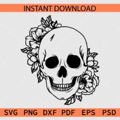 Bald Head Skull Flowers Drawing SVG, Halloween Floral Skull Sketch SVG