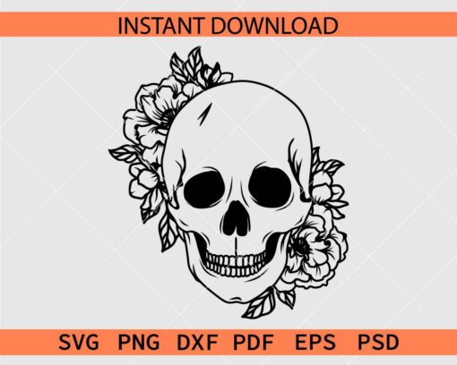 Bald Head Skull Flowers Drawing SVG, Halloween Floral Skull Sketch SVG