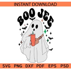 Boo Jee Ghost with Coffee Mug SVG, Boo Jee Ghost with bats décor SVG