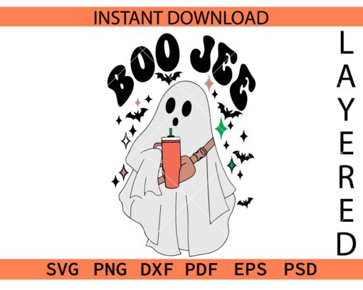 Boo Jee Ghost with Coffee Mug SVG, Boo Jee Ghost with bats décor SVG
