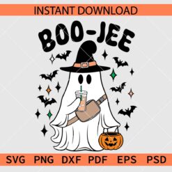 Boo Jee Ghost with Halloween Pumpkin SVG, Boo Jee Witch Ghost with Bats Décor SVG