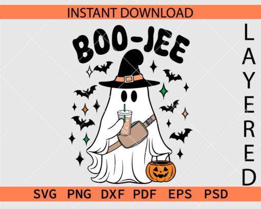 Boo Jee Ghost with Halloween Pumpkin SVG, Boo Jee Witch Ghost with Bats Décor SVG