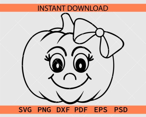 Cartoon Pumpkin Face with Bow Sketch SVG, Pumpkin Face Cartoon Coloring Page SVG