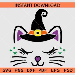 Cat Face with Witch Hat Vector SVG, Halloween Witch Cat Face Closing Eyes Clipart SVG