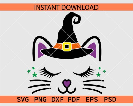 Cat Face with Witch Hat Vector SVG, Halloween Witch Cat Face Closing Eyes Clipart SVG