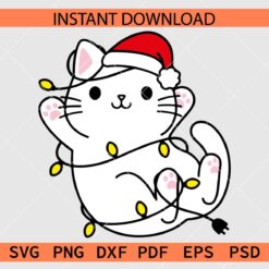 Cat with Santa Hat and Christmas lights Stencil SVG