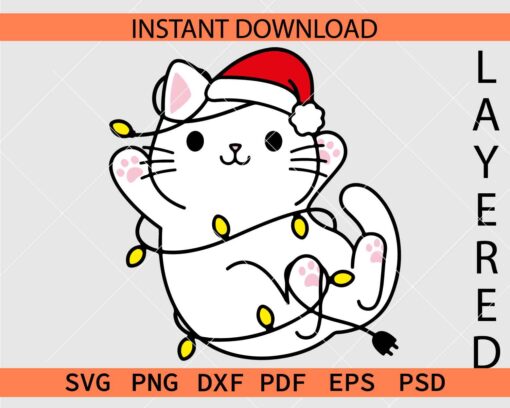 Cat with Santa Hat and Christmas lights Stencil SVG