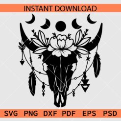 Celestial Floral Cow Skull Vector SVG, Mystical animal Skull with floral crown Clipart SVG