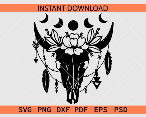 Celestial Floral Cow Skull Vector SVG, Mystical animal Skull with floral crown Clipart SVG