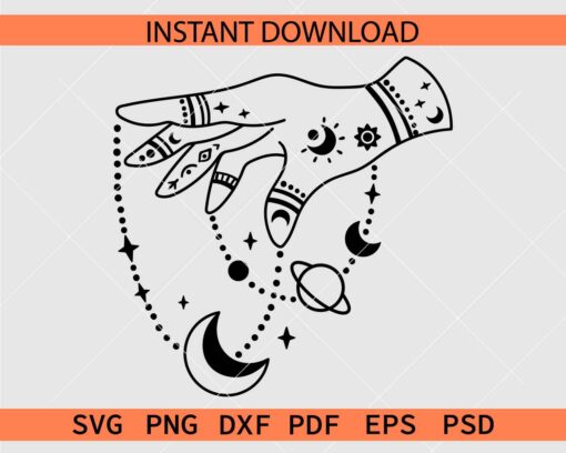 Celestial Hand SVG, Hand with Moon and stars Stencil SVG