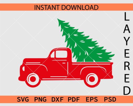 Christmas Tree on Vintage Truck SVG, Truck Carrying Christmas tree Clipart SVG