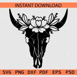 Cow Skull with Flowers Crown Vector SVG, Animal Skull with horns and Floral Crown Silhouette SVG