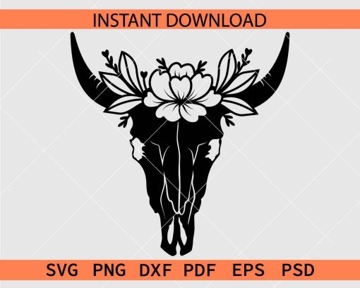 Cow Skull with Flowers Crown Vector SVG, Animal Skull with horns and Floral Crown Silhouette SVG