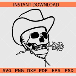 Cowboy Skull with Rose Flower SVG, Skull with Cowboy Hat Biting Rose Flower Vector SVG
