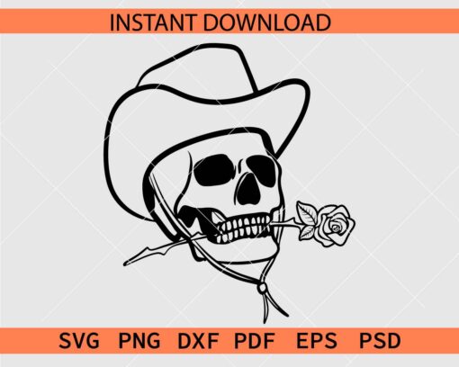Cowboy Skull with Rose Flower SVG, Skull with Cowboy Hat Biting Rose Flower Vector SVG