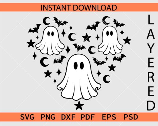 Creepy Ghost In Heart Symbol SVG, Halloween Ghost Heart Bats Décor SVG