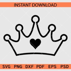 Crown with Heart Sketch SVG, Queen Crown with Heart Line Art SVG