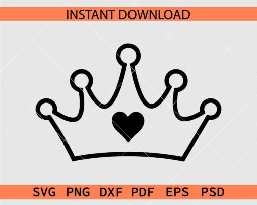 Crown with Heart Sketch SVG, Queen Crown with Heart Line Art SVG