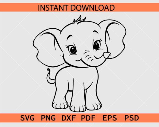 Cute Baby Elephant Line Art SVG, Cute Baby Elephant Coloring Page SVG