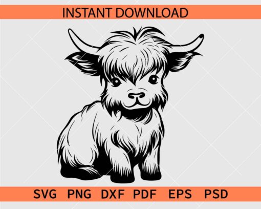Cute Baby Highland Cow Drawing SVG, Highland Cow Calf Sketch SVG