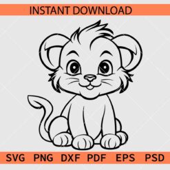 Cute Baby Lion Sitting SVG, Cartoon Baby Lion Coloring Page SVG
