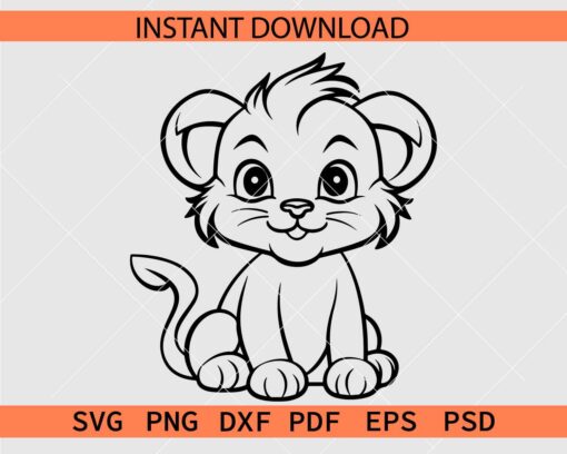 Cute Baby Lion Sitting SVG, Cartoon Baby Lion Coloring Page SVG