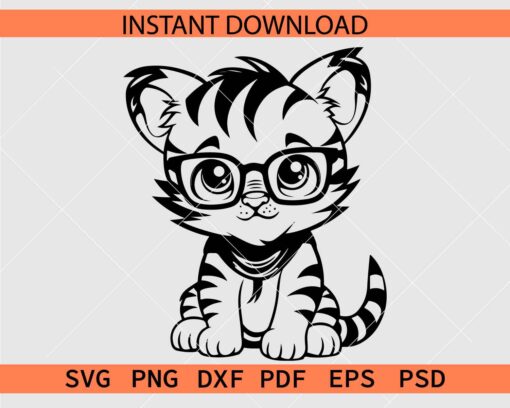 Cute Baby Tiger Glasses SVG, Tiger Cub with Sunglasses Sitting Vector SVG