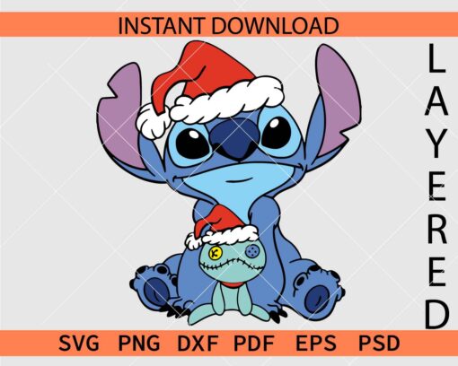 Cute Christmas Scrump and stitch SVG, Scrump and stich with Santa hat Décor SVG