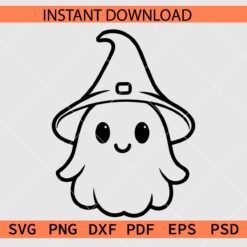 Cute Ghost with witch hat Outline SVG, Witch Ghost with hat Coloring Page SVG