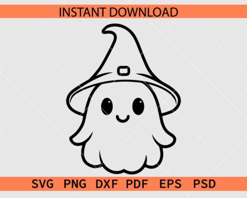 Cute Ghost with witch hat Outline SVG, Witch Ghost with hat Coloring Page SVG