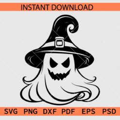 Cute Ghost with witch hat SVG, Halloween Ghost with Witch Hat Stencil SVG