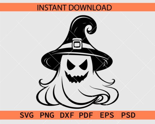 Cute Ghost with witch hat SVG, Halloween Ghost with Witch Hat Stencil SVG
