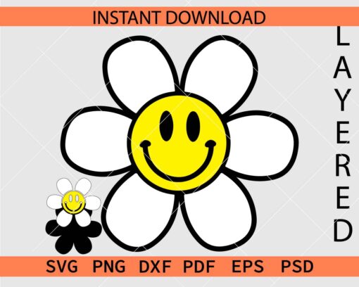 Cute Smiley Face Flower Retro SVG, Smile Face Inside Flower Layered SVG
