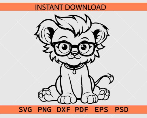 Cute baby Lion with sunglasses Drawing SVG, Lion Cub with sunglasses Sketch SVG
