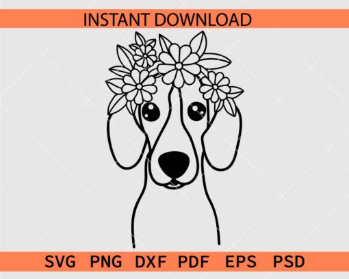Dachshund Weiner Dog Head with Flowers Crown SVG
